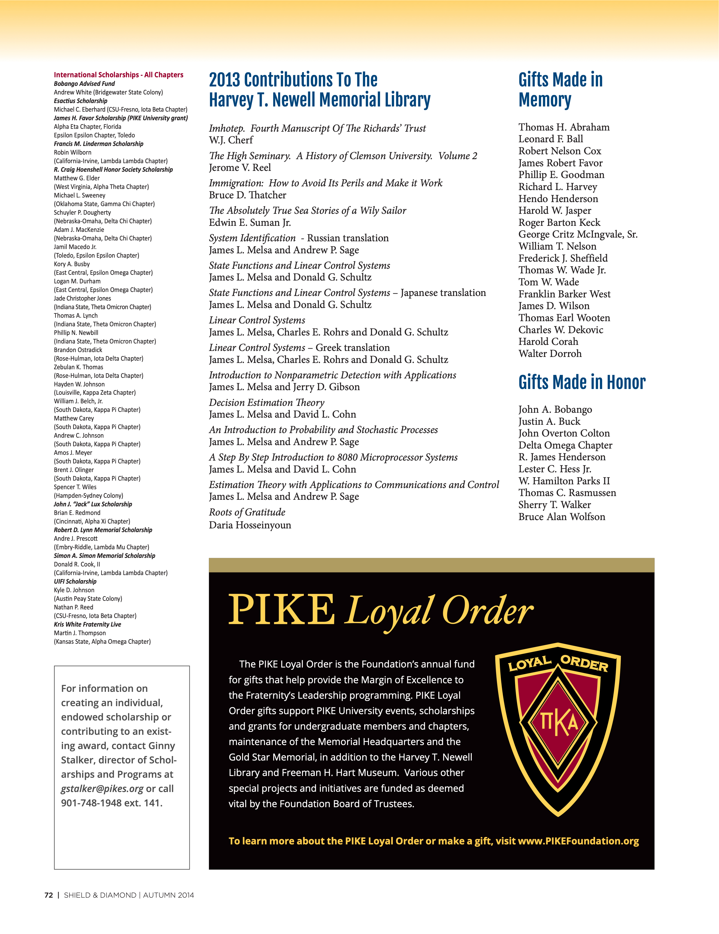 2013 Contributions To the Harvey T. Newell Memorial Library